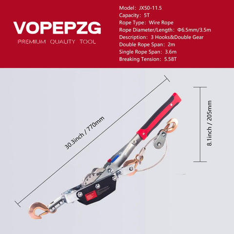 Heavy Duty 5 Ton Come Along Winch, 11.5 Ft Steel Cable with dual gears, triple hooks, and a lever for hauling and pulling.