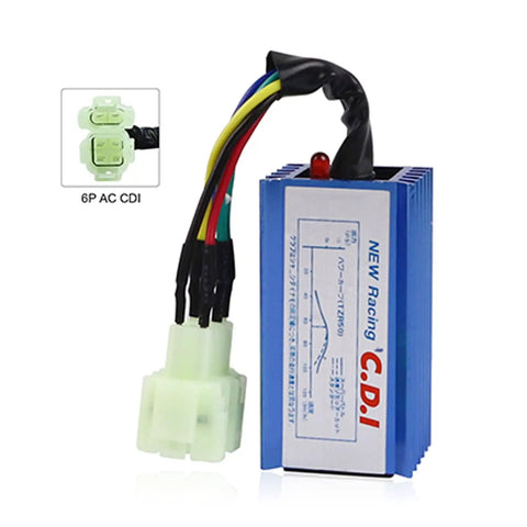 High Performance GY6 6 Pin AC Racing CDI Box for Chinese Scooter Go Kart ATV; blue aluminum box with colored wires and plug