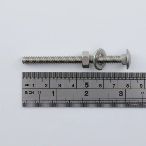 Eight Piece Stainless Steel Carriage Bolt Kit with quarter twenty bolts, hex nuts, flat washers, ruler, for DIY projects