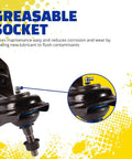 Front Upper Suspension Control Arm And Ball Joint Assembly For Chevrolet Silverado 2500 HD Beefed Up Heavy Duty Replacement With Preinstalled Boot Shield And Corrosion Protected Studs And E Coated Iron That Keeps Dirt And Water Out, showing greasable socket detail.