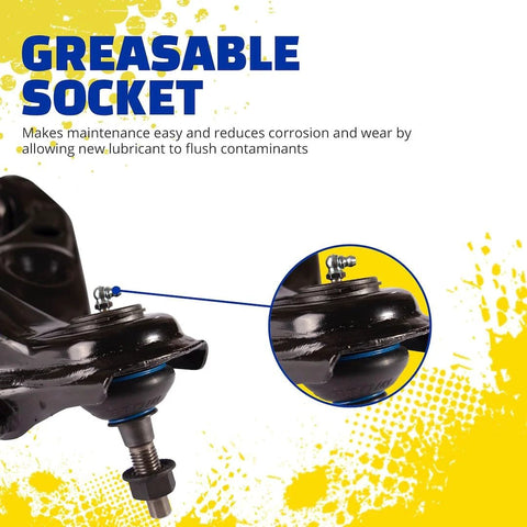Front Upper Suspension Control Arm And Ball Joint Assembly For Chevrolet Silverado 2500 HD Beefed Up Heavy Duty Replacement With Preinstalled Boot Shield And Corrosion Protected Studs And E Coated Iron That Keeps Dirt And Water Out, showing greasable socket detail.