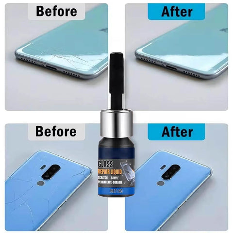 Phone Screen Scratch Remover Kit For Smartphones, Tablets And Smartwatches, Universal Repair Solution For Quick Fix Restoration, Anti Scratch Daily Care To Restore Clarity shown in bottles with before and after results on phones.