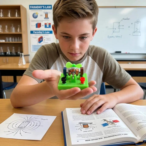 Boy using DC Electrical Motor Assembly Kit for STEM Learning Hands On Kids Lab Toy Green Educational Physics Experiments Motor Build Project