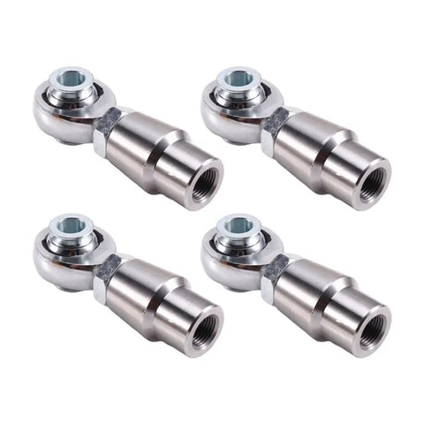 Heavy Duty 8 Piece Heim Joint Rod End Ball Bearing Kit With Spacers For Custom Drag Cars And Slick Street Rod Linkage Sweet Angular Flex And No Stress 5/8 Inch 18 Thread Fitment, close-up of four metal rod ends.