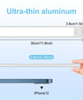 Dimensions of Motion Sensor Under Cabinet Lights With 3 Color Temps 106 LED Dimmable USB Rechargeable Strip Lights Magnetic Mount 2200mAh Battery 30cm Length Pack Of 2 Easy Install shown alongside an iPhone 12.