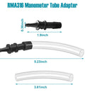 RMA316 manometer tube adapter; close-up of black 3/16–5/16 in fitting plus two clear curved tubes (5.23 in and 3.61 in).