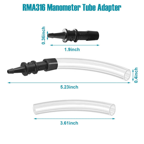 RMA316 manometer tube adapter; close-up of black 3/16–5/16 in fitting plus two clear curved tubes (5.23 in and 3.61 in).