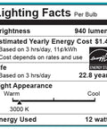 Lighting facts label for 75 Watt Equivalent R20 Dimmable LED Light Bulb 940 Lumens Bright White 3000 Kelvin Indoor Outdoor Use 3 Pack