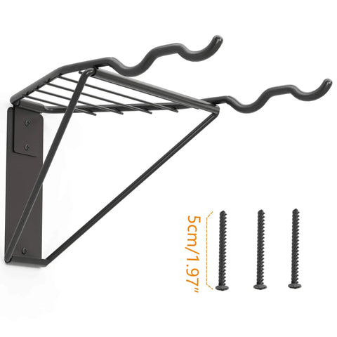 Two Bike Wall Mount Rack With Foldable Horizontal Hangers For Garage Storage shown with screws and dimensions