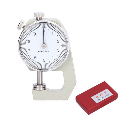 Round Dial Thickness Gauge 0 To 10mm With 0.01mm Resolution, Portable Spring Loaded Tester For Paper Leather Sheet Metal And Pipes shown with red case