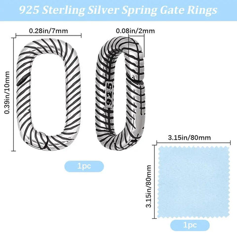 Textured 925 Sterling Silver Oval Spring Gate Rings Carabiner Clips Snap Hooks For Dope Jewelry Making Keychains Bags And Purses Oval Clasp Closures For Necklaces And Bracelets, front and side view with dimensions