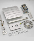 Components of the Brushed Nickel 12 Inch Luxury Rain Shower System With Handheld Combo Wall Mounted High Pressure Rain Shower Head Valve And Trim