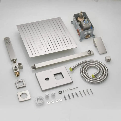 Components of the Brushed Nickel 12 Inch Luxury Rain Shower System With Handheld Combo Wall Mounted High Pressure Rain Shower Head Valve And Trim