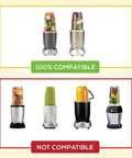 Image showing compatible and non-compatible blenders for Two 32oz Replacement Blender Cups With To Go Lids For NutriBullet 600W And Pro 900W.
