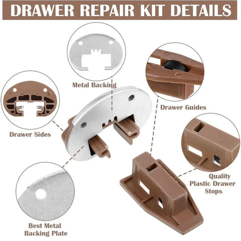 Heavy Duty Drawer Slide Replacement Kit With Dual Telescoping Rails And Built In Ball Bearings, metal and plastic drawer parts shown with backing plate