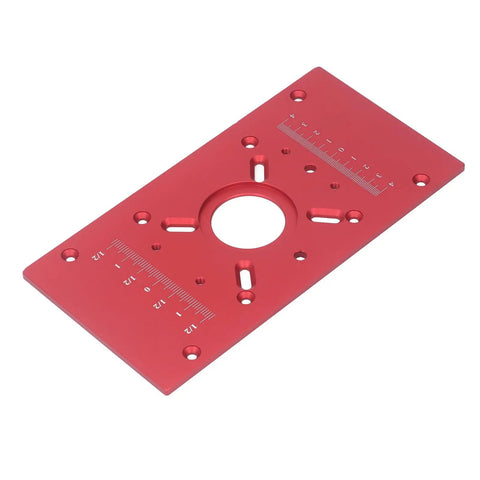 Built Tough Aluminum Router Table Insert Plate, Rock Solid Red And Black Anodized Alloy Surface for smooth milling with measurement markings.