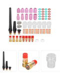 Ultimate 71 Piece TIG Welding Accessory Kit With Ceramic Nozzles Glass Cups And Gas Lenses components laid out on a table.
