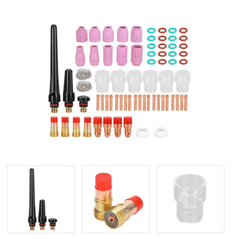 Ultimate 71 Piece TIG Welding Accessory Kit With Ceramic Nozzles Glass Cups And Gas Lenses components laid out on a table.