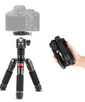 Compact Portable Travel Mini Tabletop Tripod With 360 Degree Ball Head Aluminum Desk Tripod folded and in use with DSLR camera