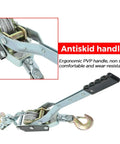 Close-up of Beefy 4 Ton Heavy Duty Dual Gear Come Along Puller with ergonomic PVP handle and steel cable.