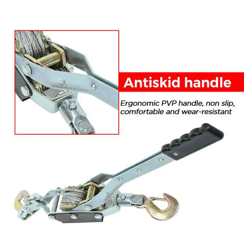 Close-up of Beefy 4 Ton Heavy Duty Dual Gear Come Along Puller with ergonomic PVP handle and steel cable.