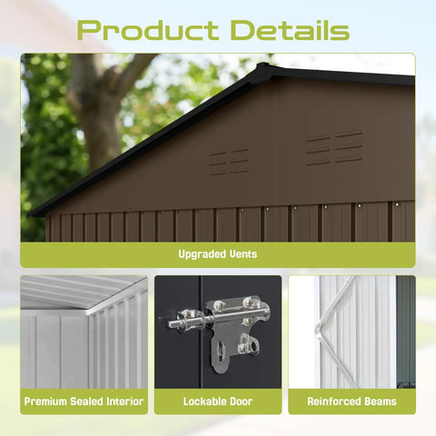 Close-up details of 6 By 4 Outdoor Storage Shed In Brown Sturdy Metal Building With Floor Frame And Operable Window, showing vents, interior, lock, and beams.