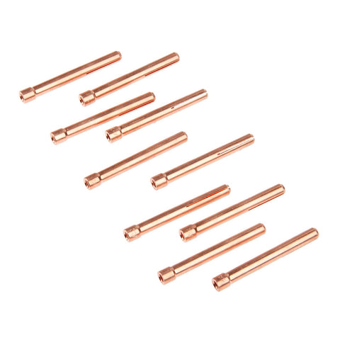 TIG Collet Tips And Bodies Kit For WP17 To WP26 Torch Series, 10 Pieces, 2.4 Mm Tungsten Replacements, copper collet bodies arranged