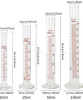 Glass Graduated Cylinder And Beaker Set For Lab Work, four borosilicate glass cylinders 10ml 25ml 50ml 100ml shown.