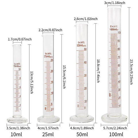 Glass Graduated Cylinder And Beaker Set For Lab Work, four borosilicate glass cylinders 10ml 25ml 50ml 100ml shown.