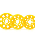 Three yellow 64P 100T spur gears for 1 by 10 on road RC cars showcasing lightweight plastic design for faster acceleration and smoother shifts.
