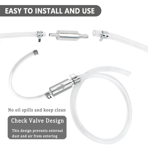 One Way Brake Bleeder Hose Kit With Built In Bleeder Valve, Easy No Mess Car And Motorcycle Brake Bleeding Tool Set, Hydraulic System Bleed For Clutch, Soft Tubing With Metal Clips, 2 Pack shown, highlighting check valve design and tubing with metal clips.