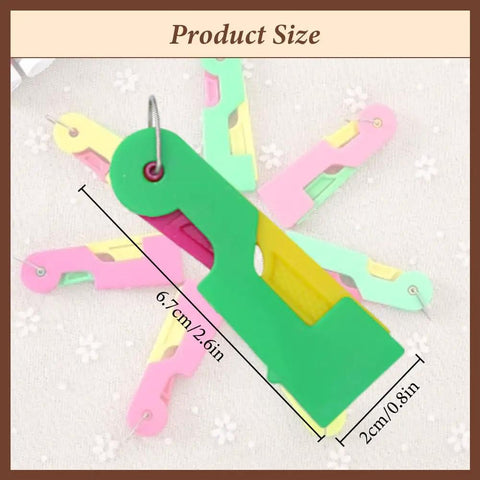 Automatic Needle Threader 3 Pack For Sewing Machines, Plastic Quick Threaders, size 6.8x2 cm, shown in green, yellow, and red.