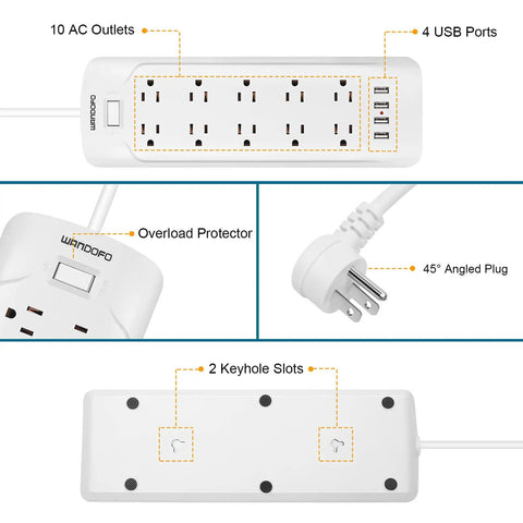 15 Foot Power Strip Surge Protector With Ten Widely Spaced Outlets Flat Low Profile Plug Wall Mountable White USB Ports For 5V Charging