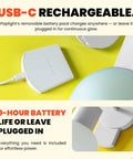Rechargeable Wireless Wall Sconce With Dimmable LED App Control showing USB-C battery pack on yellow background.