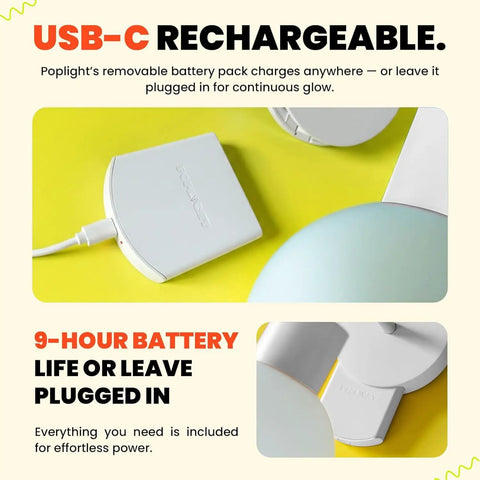 Rechargeable Wireless Wall Sconce With Dimmable LED App Control showing USB-C battery pack on yellow background.