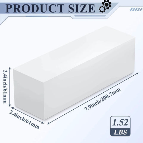 UHMW Solid Plastic Block, White Polyethylene, 7.9 x 2.4 x 2.4 Inches, side view with measurements, for flooring installations