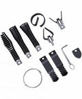 Heavy Duty Drain Snake Attachment Kit For Electric Drain Cleaners Nine Piece Rock Solid Screw Lock Head parts arranged on white background.