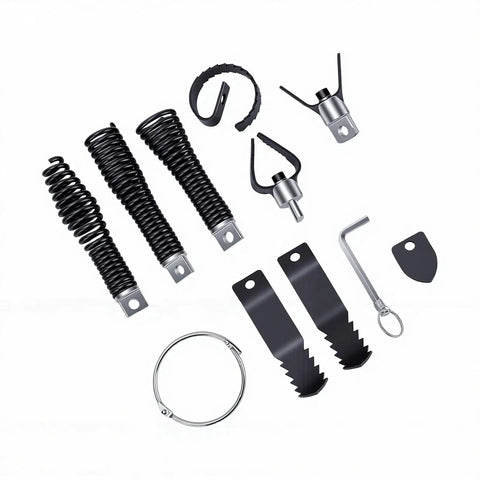 Heavy Duty Drain Snake Attachment Kit For Electric Drain Cleaners Nine Piece Rock Solid Screw Lock Head parts arranged on white background.