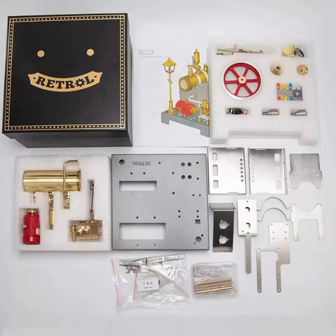 Old School Steam Engine Model That Really Works With Boiler And Reversible Horizontal Design Includes Generator And Vintage Lamp For Realistic Hands On STEM Learning And A Fun Gift For Adults, 18x18x20 cm kit parts laid out
