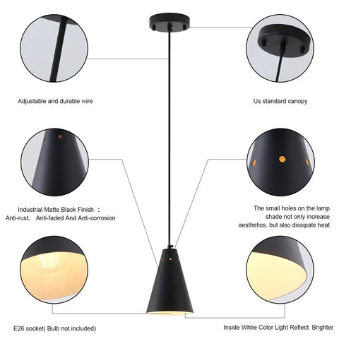 Three Pack Black Pendant Lights For Kitchen Island And Bar Counter, Modern Industrial Cone Shade Chandeliers, Matte Black, Adjustable Wire