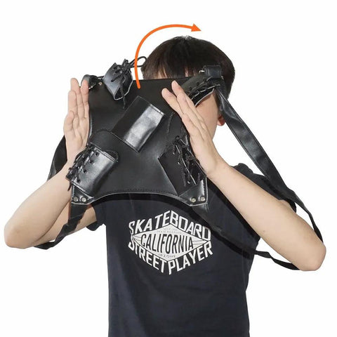 Person demonstrating Lightweight PU Sword Carry Bag With Back Strap Waistband For Ninja Cosplay Dual Sword Holder Adjustable Straps