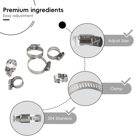 All In One 45 Piece Hose Clamp Kit With One Quarter Inch To One And One Eighth Inch Adjustable Stainless Steel Clamps, Worm Gear