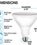 Dimensions of PAR38 LED Flood Outdoor Light Bulb, 5000K Daylight, 11W To 90W Equivalent, Wet Rated, 900 Lumens, E26 Base, Non Dimmable, 6 Pack
