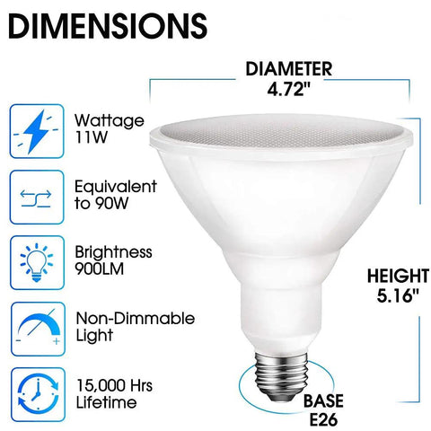 Dimensions of PAR38 LED Flood Outdoor Light Bulb, 5000K Daylight, 11W To 90W Equivalent, Wet Rated, 900 Lumens, E26 Base, Non Dimmable, 6 Pack