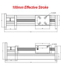 Technical drawing of Ball Screw Z Axis CNC Sliding Stage with 100mm effective stroke, linear rail support, compatible with Nema motors.