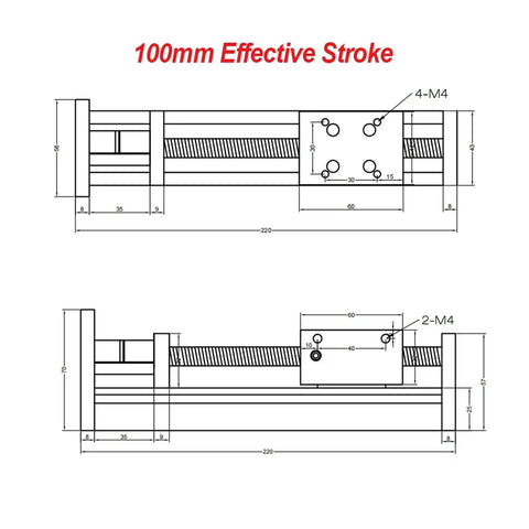 Technical drawing of Ball Screw Z Axis CNC Sliding Stage with 100mm effective stroke, linear rail support, compatible with Nema motors.