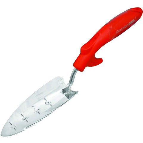 ComfortGEL Transplanter With Serrated Two And A Half Inch Blade, Anti Slip Thumb Riser, Finger Guard, And One Piece Construction, Red Garden Tool