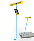 Heavy Duty Handy Hook 30 Inch With Three Eighths Inch Round Pump End lifting a manhole cover, blue steel with yellow grips.