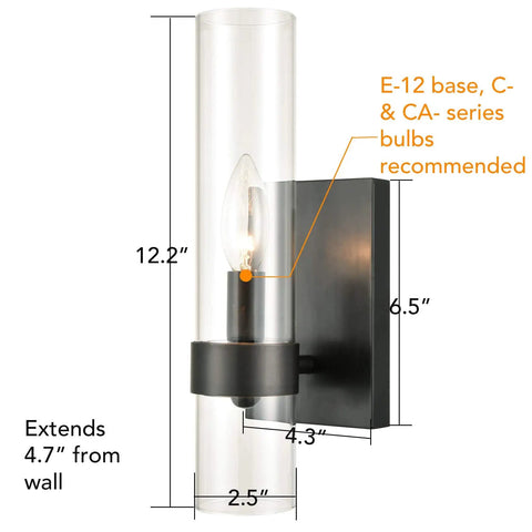 Modern Farmhouse Glass Cylinder Wall Sconce 1 Light Black Vanity Light Fixture with dimensions for bathrooms and hallways