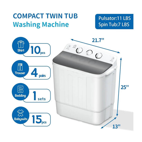 Easy Peasy Portable Twin Tub Washing Machine With Quick Timer Controls, 11 lbs pulsator, 7 lbs spin tub, compact size.